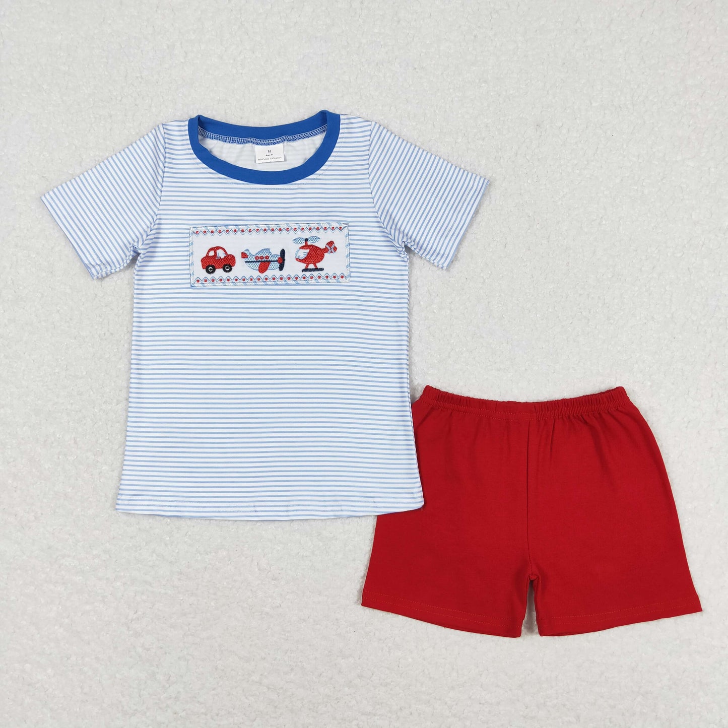 BSSO0649 Embroidered car airplane Helicopter Blue striped short sleeve red shorts set 2024 boys clothing sets