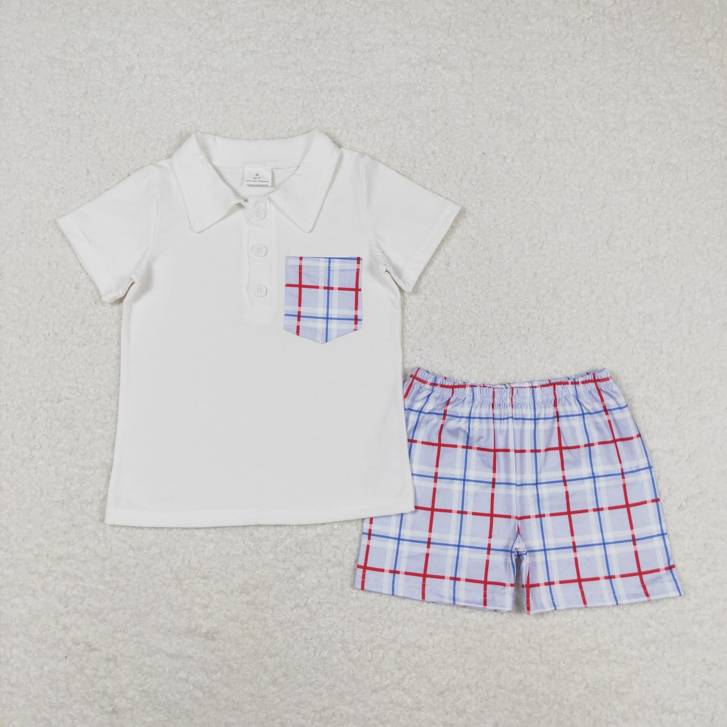 BSSO0651 Blue plaid pocket white short-sleeved shorts set high quality wholesale boys clothing sets