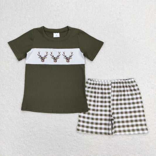BSSO0662 Duck Hunting Army Green Short Sleeve Plaid Shorts Boys Outfits RTS 202508