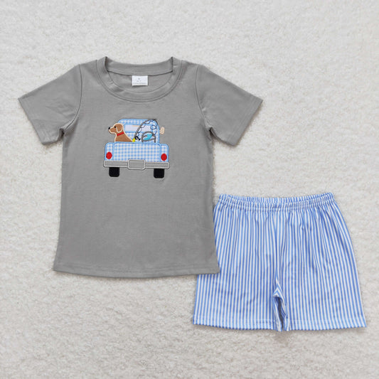 BSSO0664  Embroidered Puppy Boys Grey Short Sleeve Blue Stripe Shorts Outfits 202404 RTS