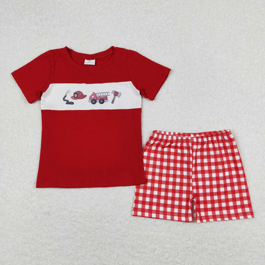 BSSO0666 Fire Truck Red Short Sleeve Plaid Shorts Boys Outfits RTS 202508