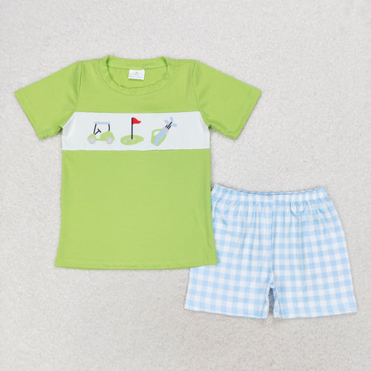 BBSSO0667 Golf tour car green short-sleeved blue plaid shorts set boys summer clothing sets