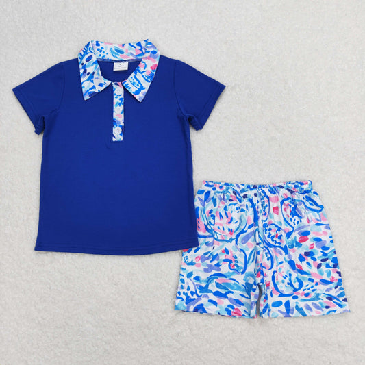 BSSO0673 Flower Print Polo Collar Navy Blue Short Sleeve Shorts Boy Set RTS 202508