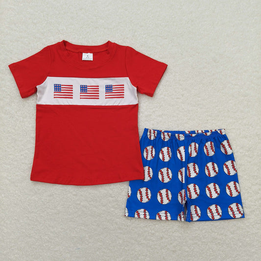 BSSO0674 4th of July Baseball Flag Red Blue Short Sleeve Shorts Boy Set RTS 202508