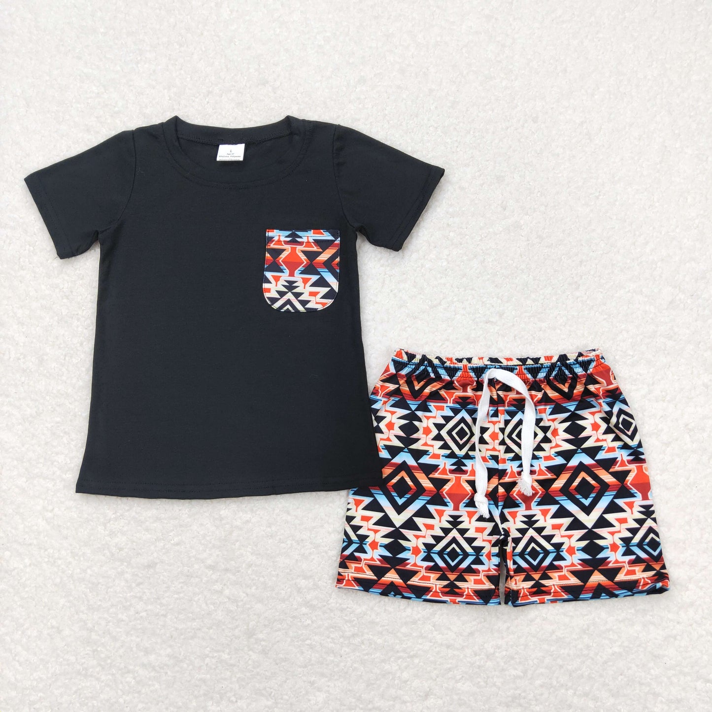 BSSO0678  Geometric Pattern Pocket Black Short Sleeve Shorts Boys Outfits 202404 RTS