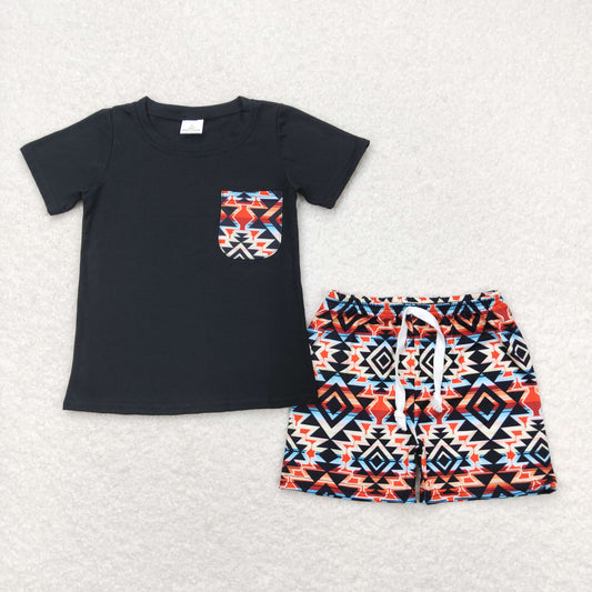 BSSO0678  Geometric Pattern Pocket Black Short Sleeve Shorts Boys Outfits 202404 RTS