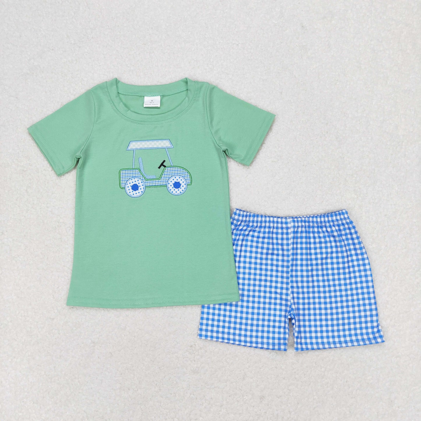 BSSO0692 Embroidery sightseeing car teal short-sleeved plaid shorts set high quality