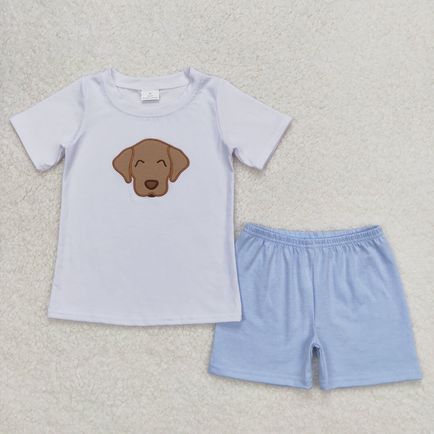 BSSO0695 Embroidered Puppy White Short Sleeve Blue Shorts Boys Outfits RTS 202508