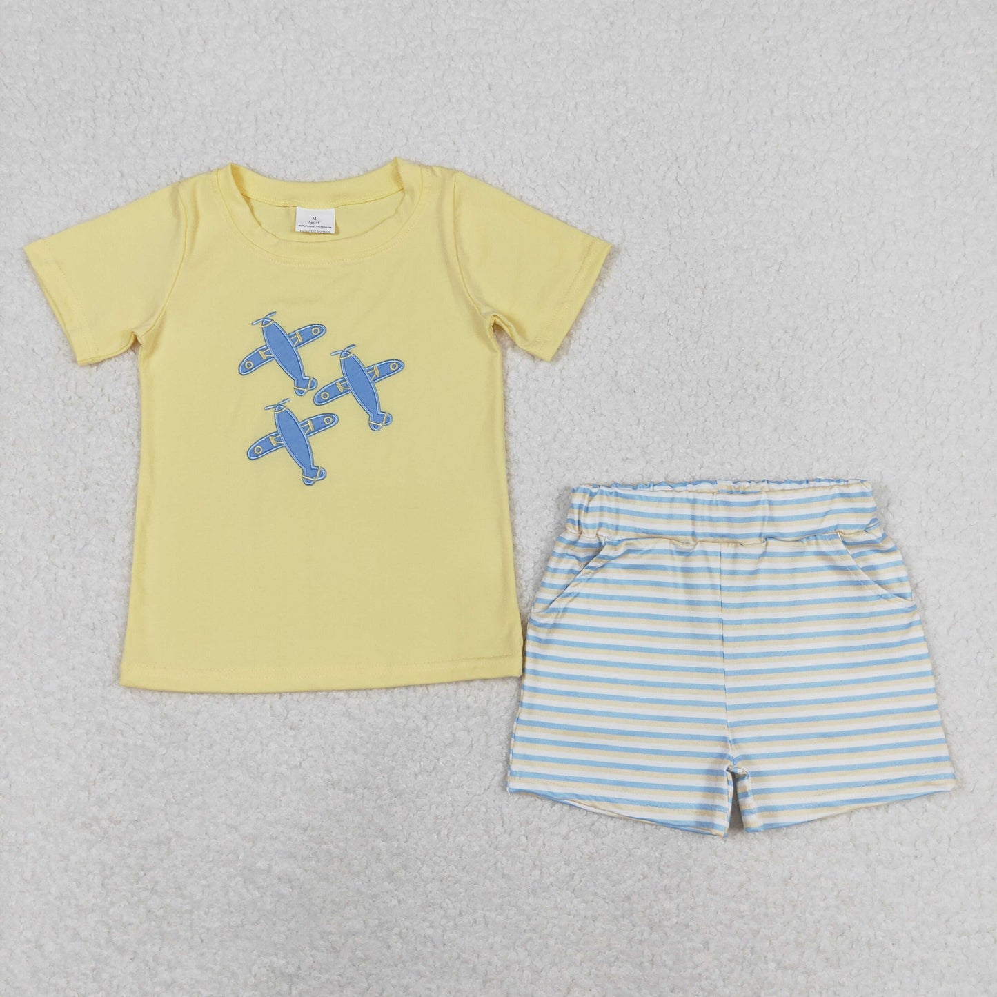 BSSO0696 Embroidered airplane yellow short-sleeved striped shorts suit boys clothing sets summer