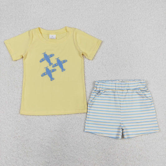 BSSO0696 Embroidered airplane yellow short-sleeved striped shorts suit boys clothing sets summer