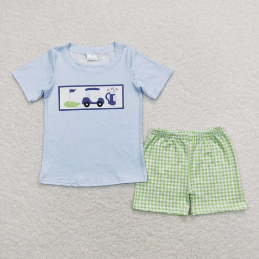 BSSO0697 Light Purple short sleeve Pea Green check shorts set summer 2025 Baby Boy boutique outfit  202501