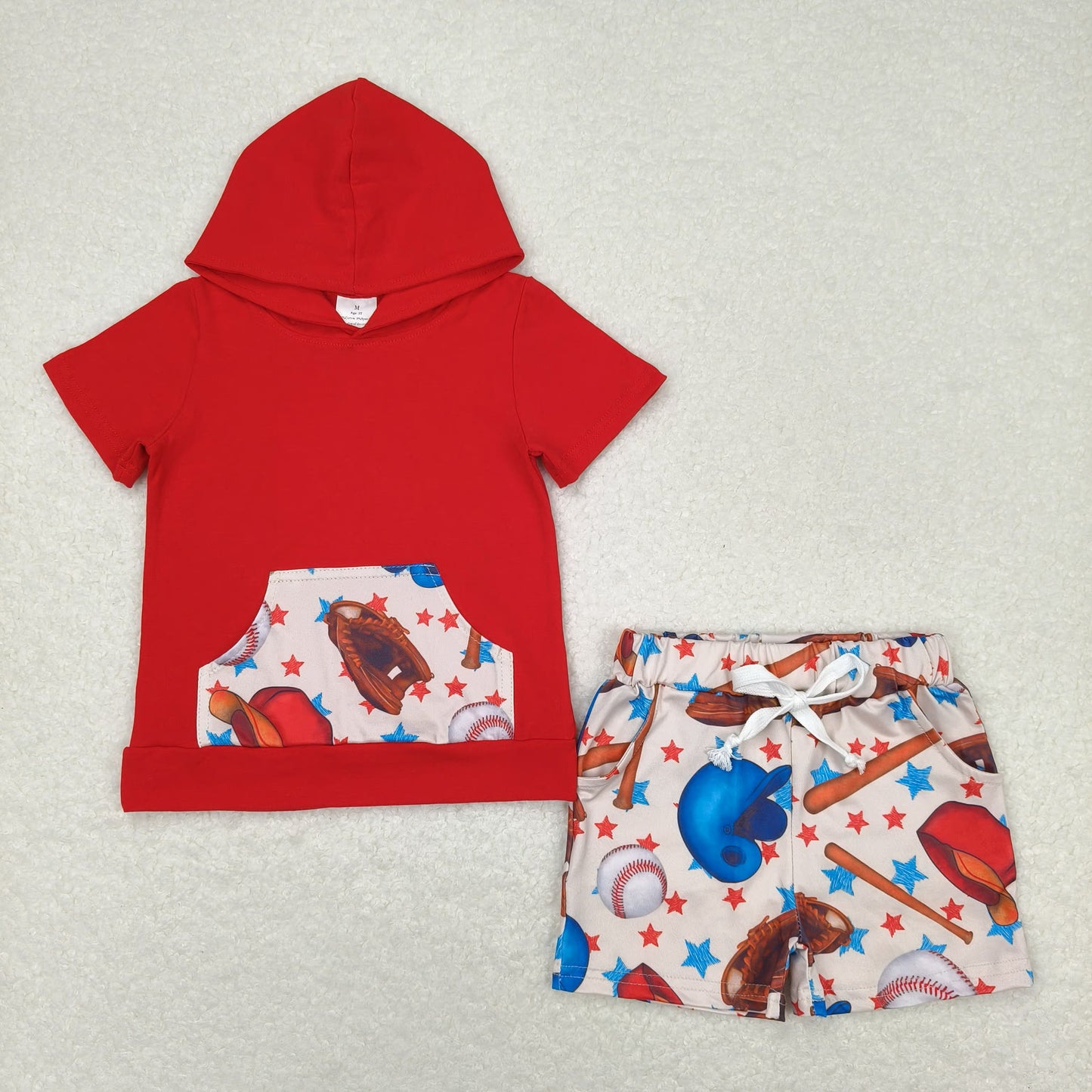 BSSO0704 Baseball Star Pocket Red Hooded Short Sleeve Shorts Boys Outfits 202404 RTS