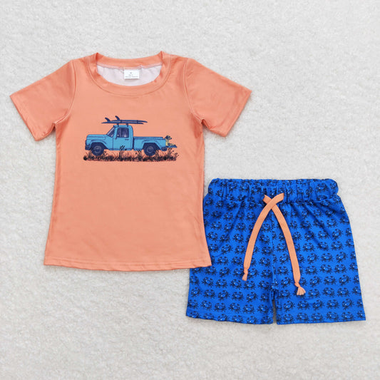 BSSO0706 Truck Orange Short Sleeve Crab Blue Shorts Boys Outfits RTS 202508