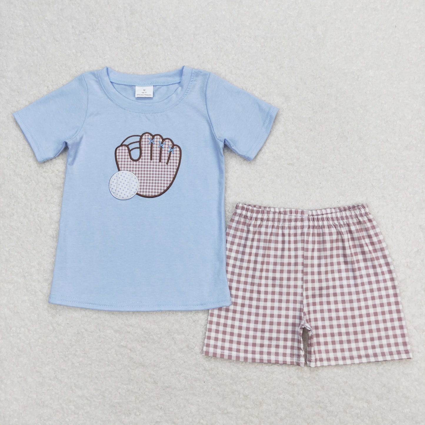 BSSO0723 Embroidered Baseball Gloves Blue Short Sleeve Plaid Shorts Boys Outfits RTS 202508