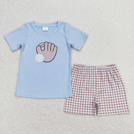 BSSO0723 Embroidered Baseball Gloves Blue Short Sleeve Plaid Shorts Boys Outfits RTS 202508