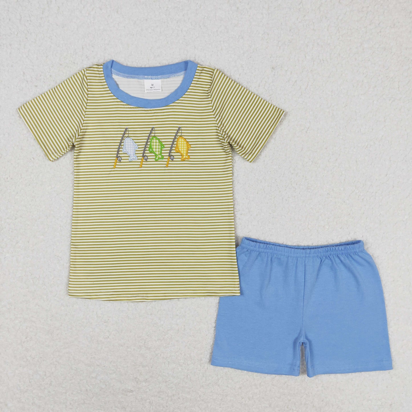 BSSO0732 Embroidered fishing yellow striped short sleeve blue shorts set boys clothing sets 8 year old to 12