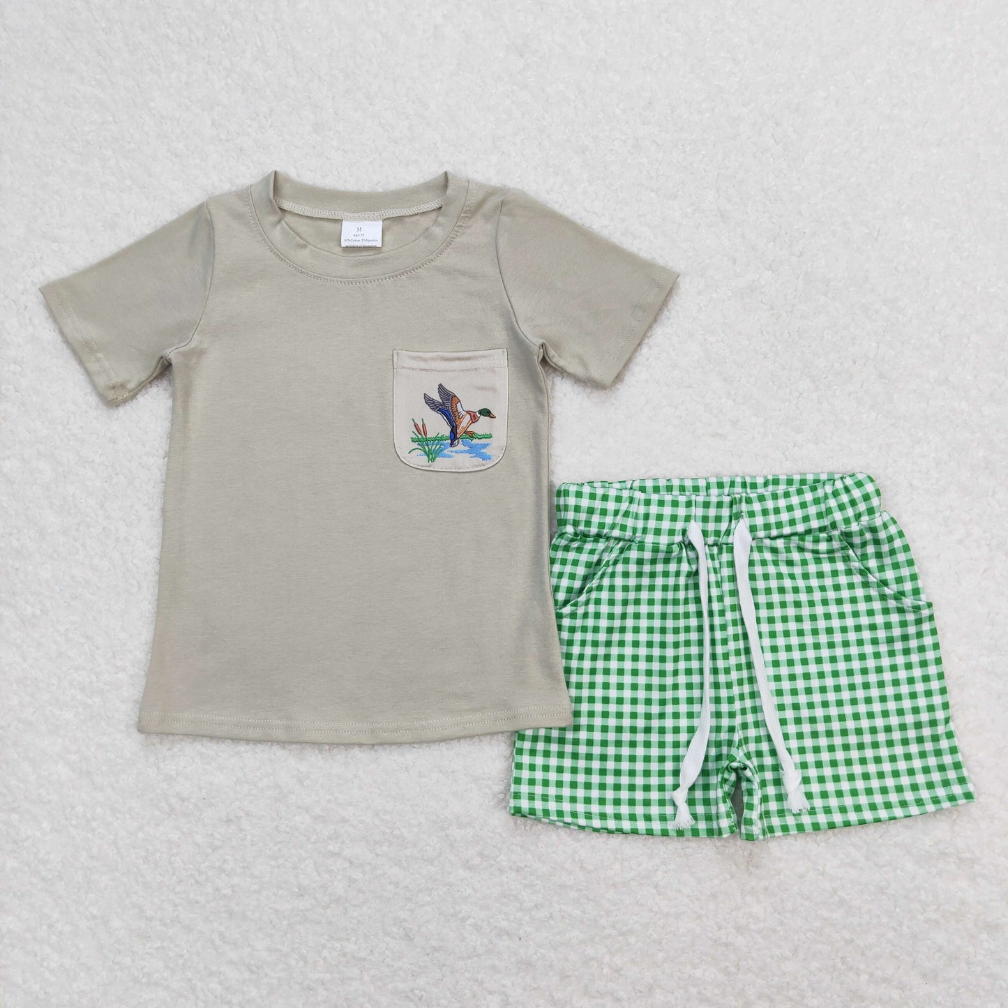 BSSO0734 Embroidered Duck Hunting Clothes Pocket Grey Short Sleeve Green Plaid Shorts Sets Boys Boutique Outfits 202404 RTS