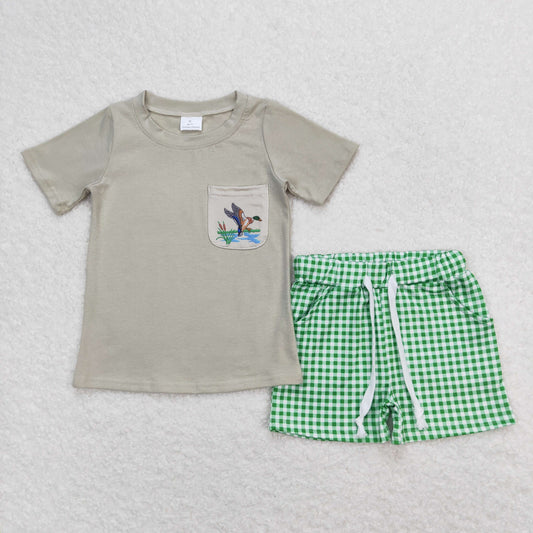 BSSO0734 Embroidered Duck Hunting Clothes Pocket Grey Short Sleeve Green Plaid Shorts Sets Boys Boutique Outfits 202404 RTS
