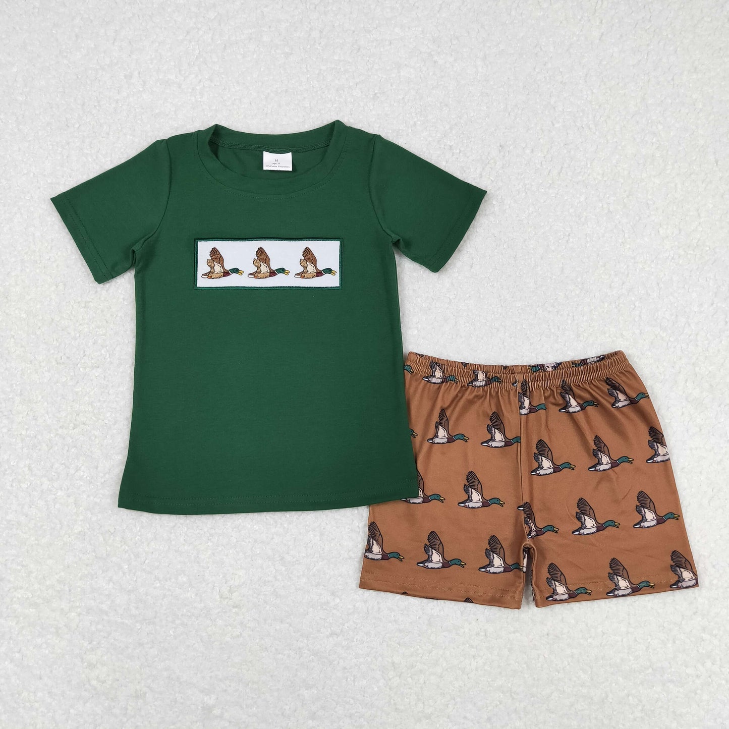 BSSO0735 Embroidery duck dark green short sleeve brown shorts set high quality wholesale baby clothing sets boy