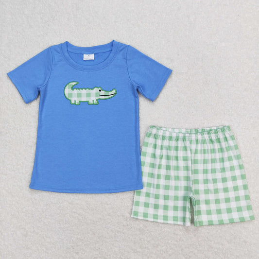 BSSO0736 Embroidered Crocodile Blue Short Sleeve Green Plaid Shorts Boys Outfits RTS 202508