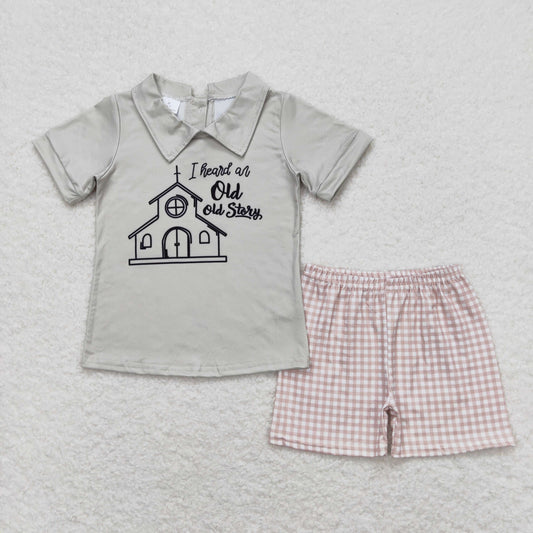 BSSO0742 Old Story Letter Boys Grey Short Sleeve Plaid Shorts Outfits RTS 202508