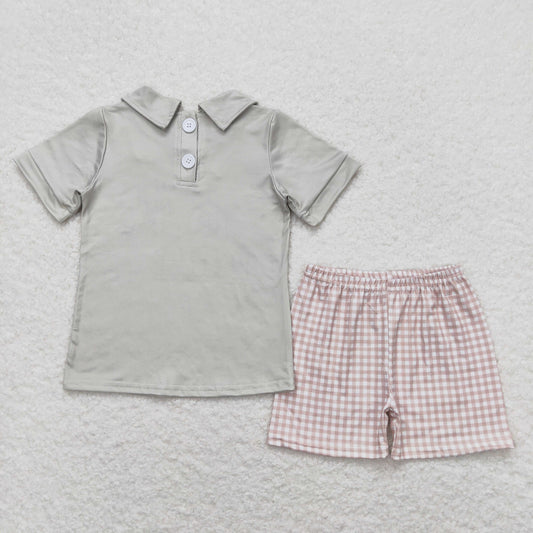 BSSO0742 Old Story Letter Boys Grey Short Sleeve Plaid Shorts Outfits RTS 202508