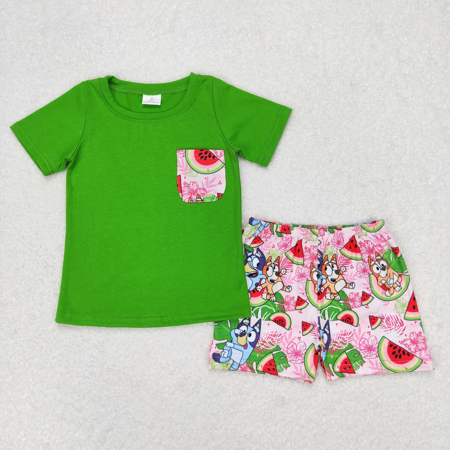 BSSO0743 bluey cartoon watermelon pocket green short sleeve shorts set High quality