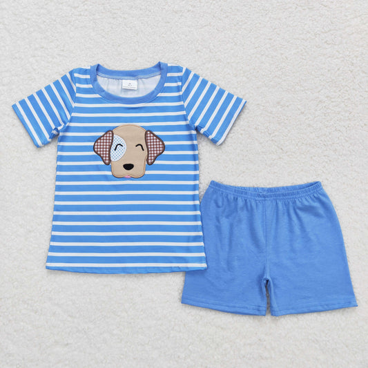 BSSO0746 Embroidered Puppy Blue Stripe Short Sleeve Shorts Boys Outfits RTS 202508