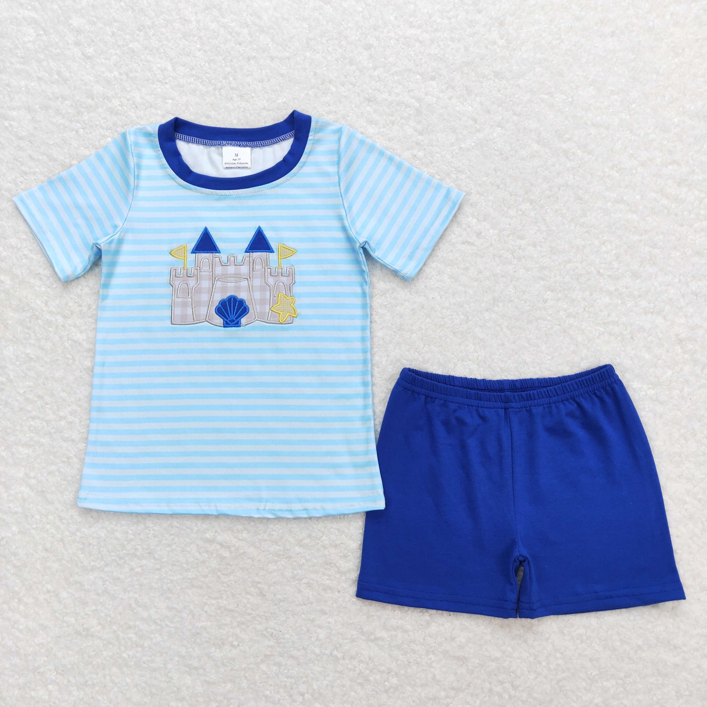 BSSO0747 Embroidered Shell Star Castle Striped Short Sleeve Blue Shorts Boys Outfits RTS 202508