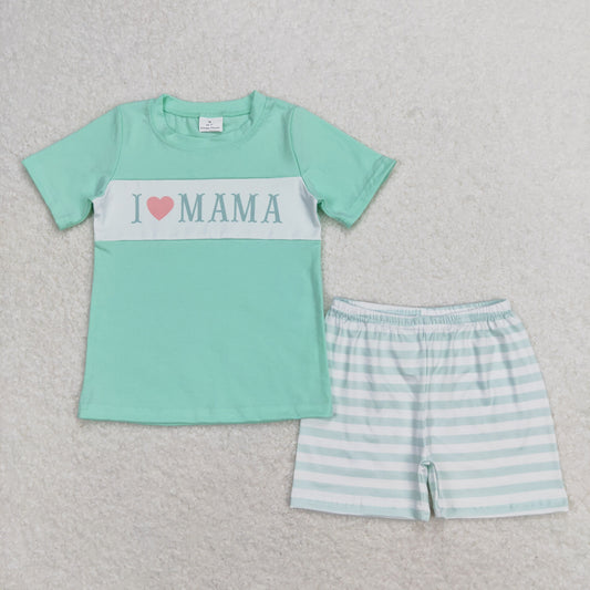 BSSO0751 I Love Mama Blue Green Short Sleeve Stripe Shorts Boys Sets RTS 202508