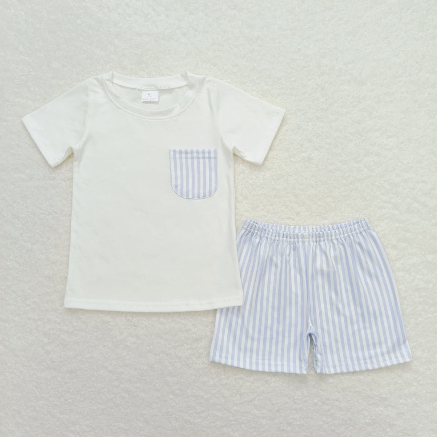 BSSO0764 Blue and white striped pocket short sleeve shorts set high quality clothing set for 9yr boys