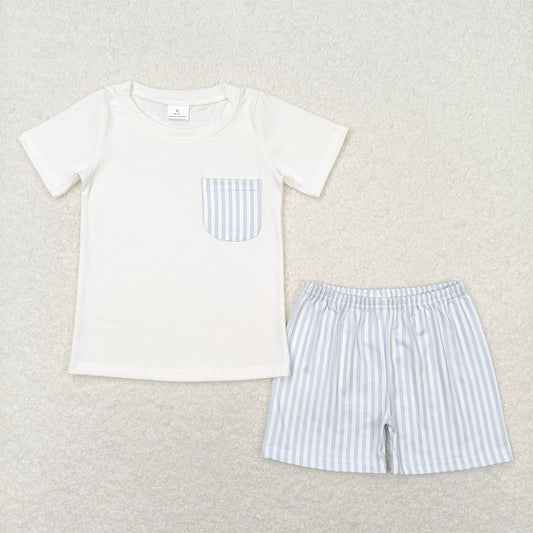 BSSO0764 Blue and white striped pocket short-sleeved shorts suit boys designer clothing sets