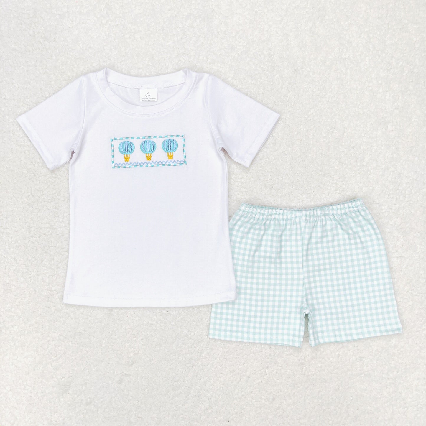 BSSO0784 Embroidery hot air balloon white short-sleeved plaid shorts set high quality wholesale summer boys clothing set