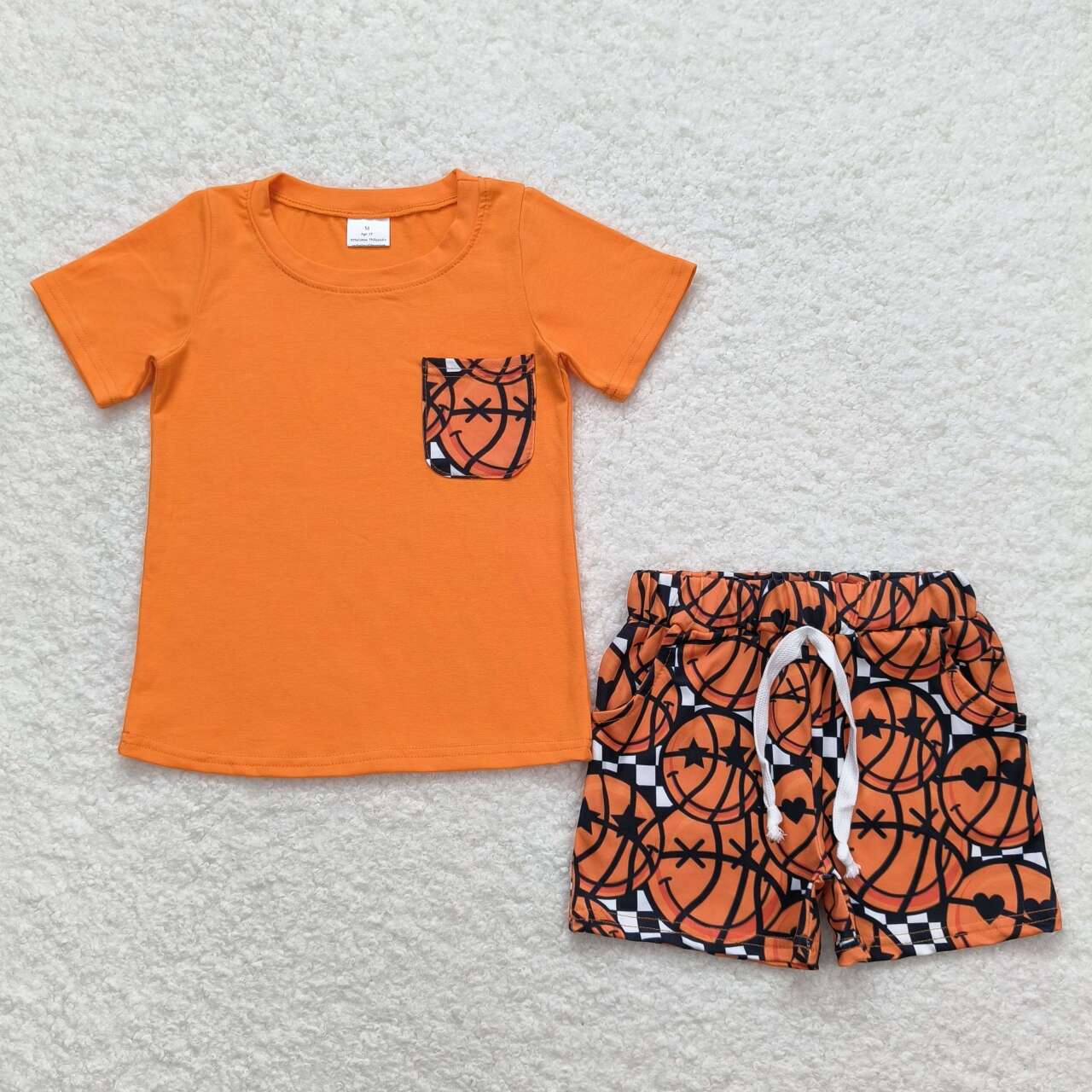 BSSO0789 Smile Face Basketball Boys Orange Short Sleeve Shorts Outfits 202404 RTS