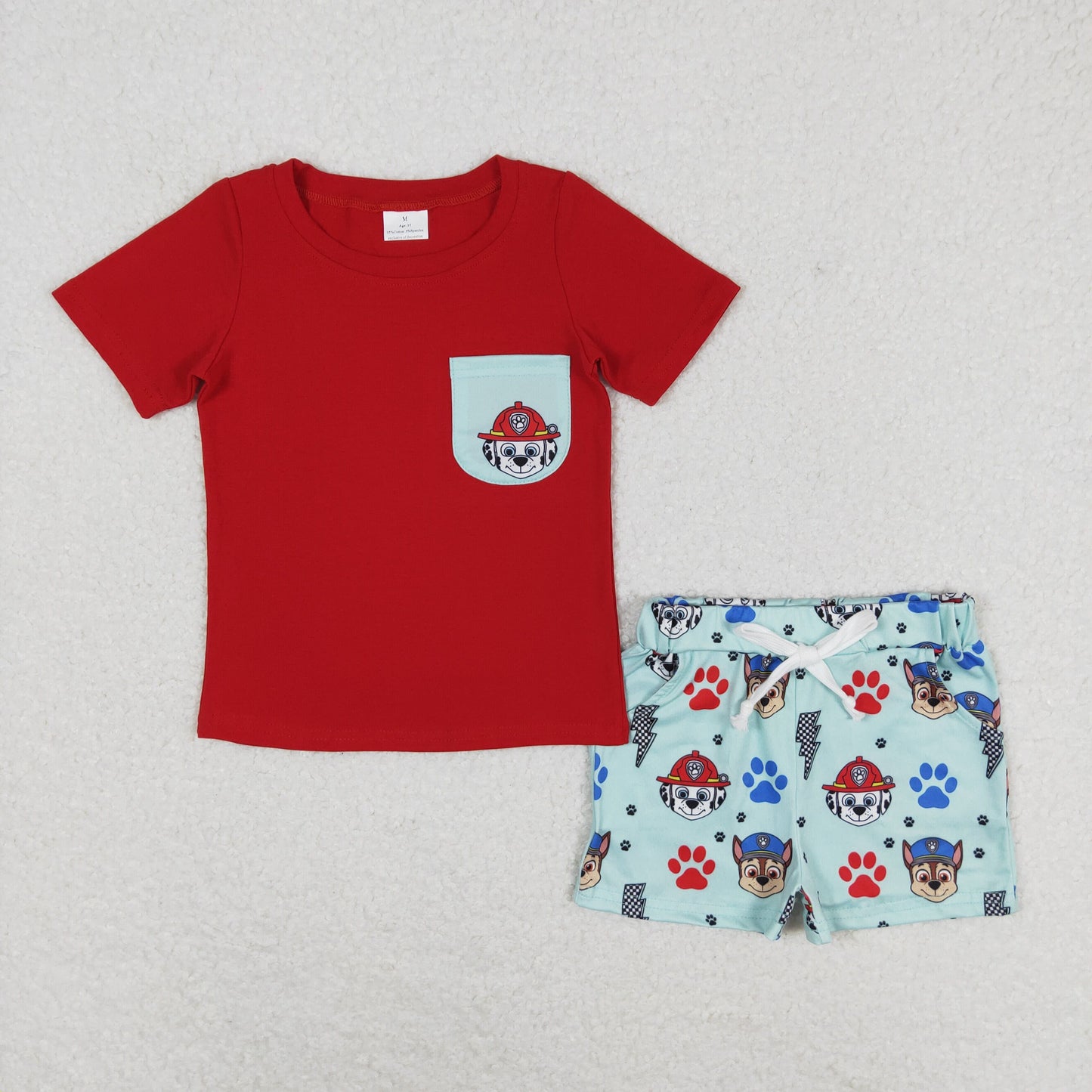 BSSO0794 Woof Team cartoon pocket red short sleeve green shorts set High quality