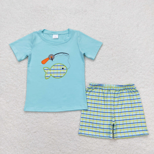 BSSO0798 Embroidered Fishing Blue Green Short Sleeve Plaid Shorts Boys Outfits 202404 RTS