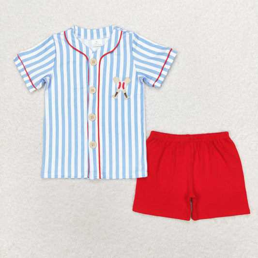 BSSO0800 Embroidered baseball blue striped short-sleeved red shorts suit baby clothing sets boy 6-12 months