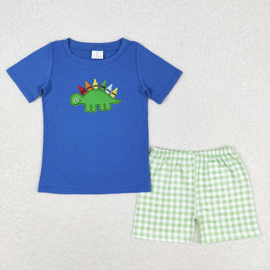 BSSO0805 Embroidered colorful pastel Dinosaur Blue short sleeve green plaid shorts set summer boys clothing set