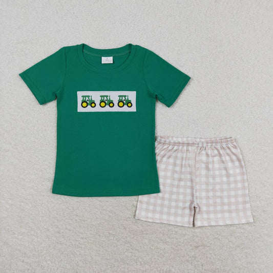 BSSO0809 Embroidery tractor green short-sleeved plaid shorts set boys children clothing set