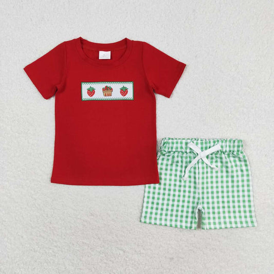 BSSO0810 Embroidered strawberry red short-sleeved green plaid shorts suit newborn girls clothing sets