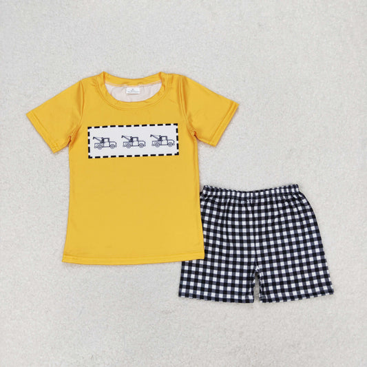 BSSO0820 Truck orange short-sleeved black and white checked shorts suit boys clothing sets summer