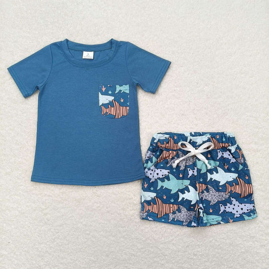 BSSO0830 Shark pocket blue short-sleeved shorts suit boys and girls clothing sets