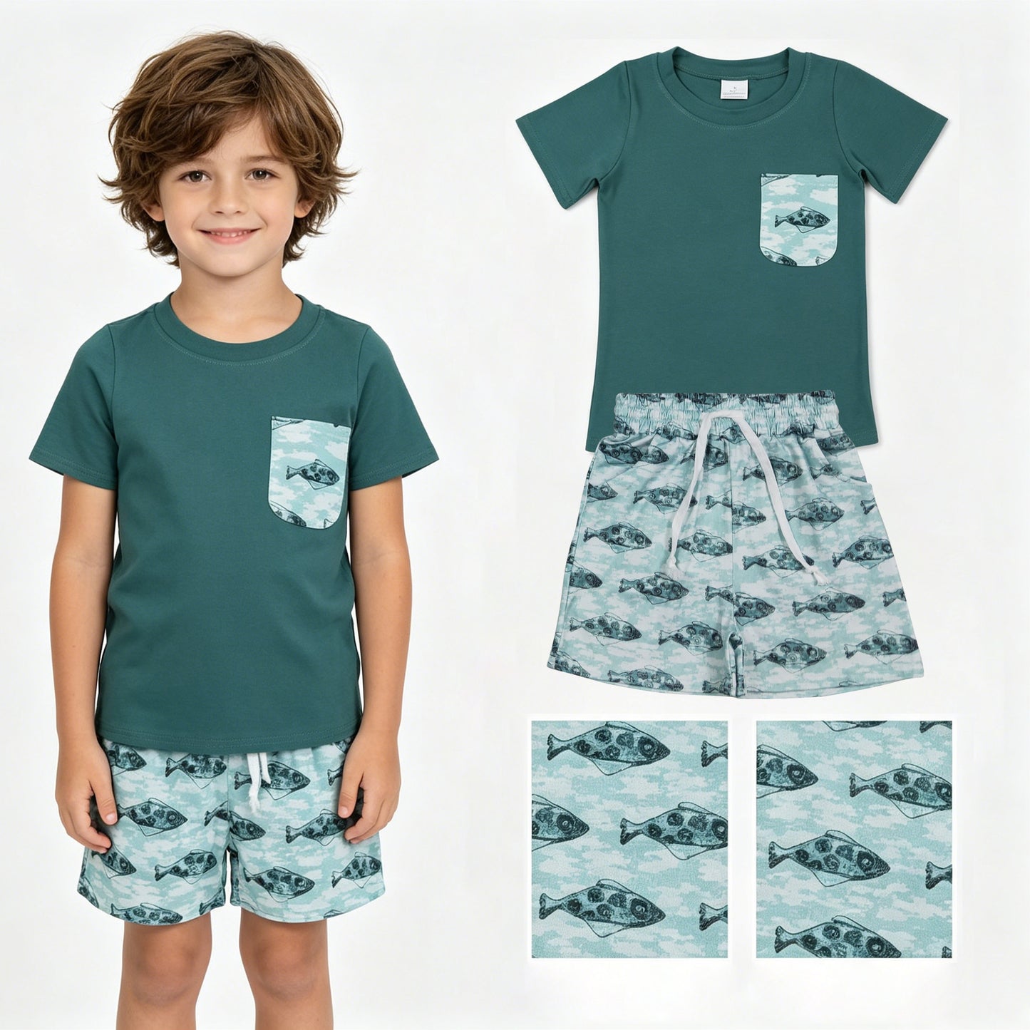 BSSO0838 Fishing Pocket Green Short Sleeve Shorts Boys Sets 202605 RTS