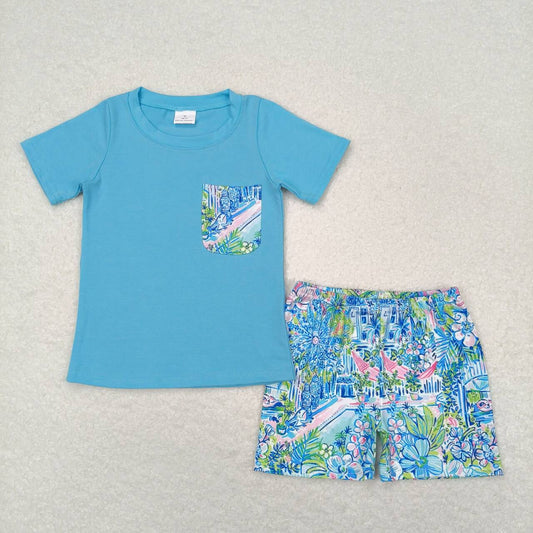 BSSO0840 Blue short sleeve shorts with floral pocket High quality