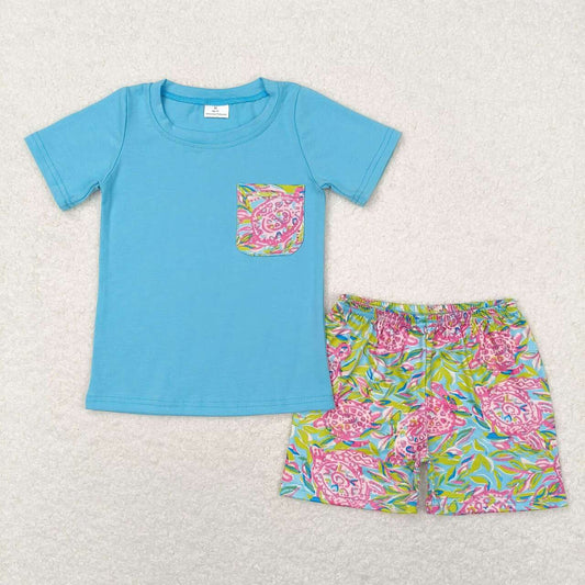 BSSO0846 Turtle sea grass pocket blue short sleeve shorts pajama set kids clothing sets for boys