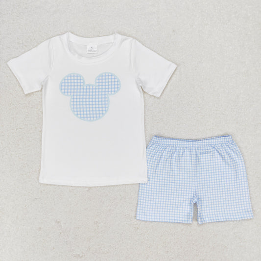 BSSO0860 Mickey white short-sleeved blue plaid shorts suit