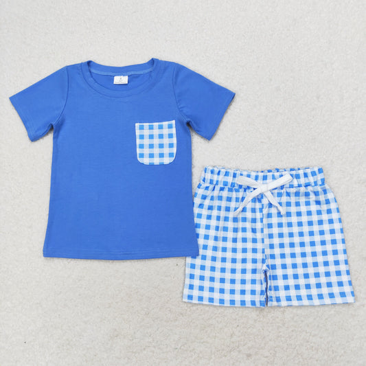 BSSO0865 Royal blue short-sleeved shorts suit with plaid pockets boy clothing sets 4 to 12 years old