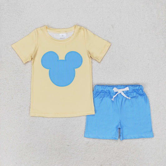 BSSO0875 Mickey yellow short-sleeved blue striped shorts suit