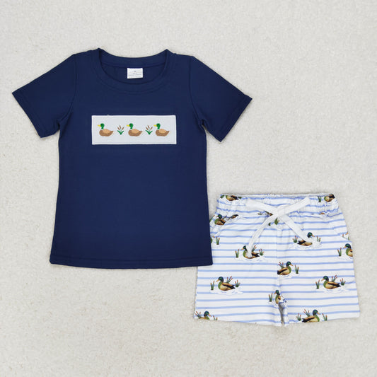 BSSO0884 Embroidered three-duck navy blue short-sleeved striped shorts suit baby boys clothing sets