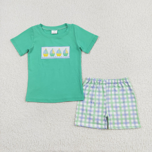 BSSO0887 Embroidered sailboat turquoise short-sleeved plaid shorts set boys spring summer clothing sets